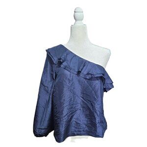NWT J.Crew navy blue one shoulder silk top with ruffles balloon sleeve size 12P